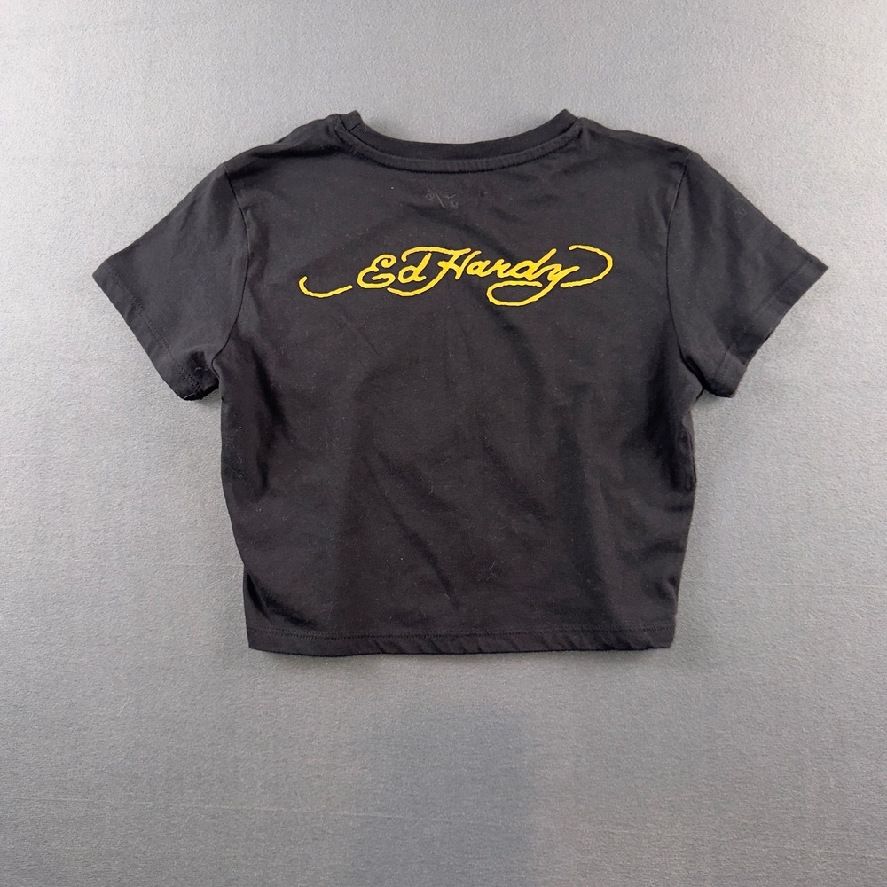 Ed Hardy Black Peony Diamond Graphic Crop Top Tee Y2K Style Womens Medium - Picture 6 of 7
